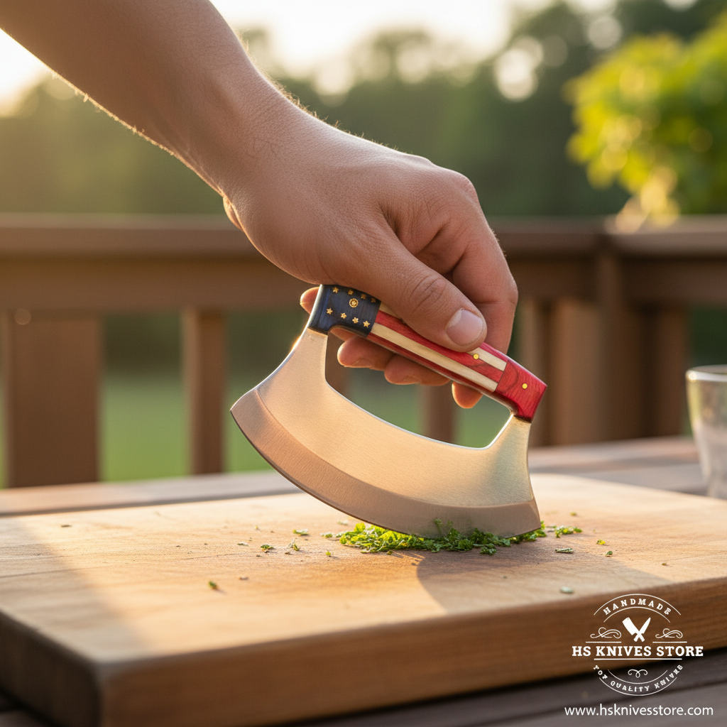 One hand gripping D2 steel ulu knife with American flag handle in rocking motion over wooden cutting board outdoor lifestyle action