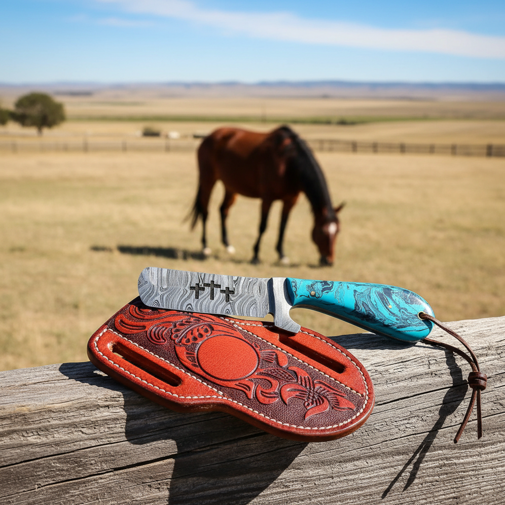 Damascus Bull Cutter Knife with epoxy resin handle and belt sheath on a ranch fence