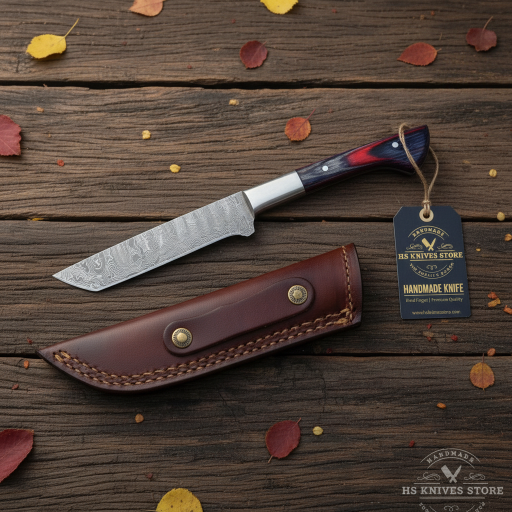 Damascus tanto cleaver knife flat lay with pakkawood handle hang tag and brown leather sheath on dark rustic wood with autumn leaves