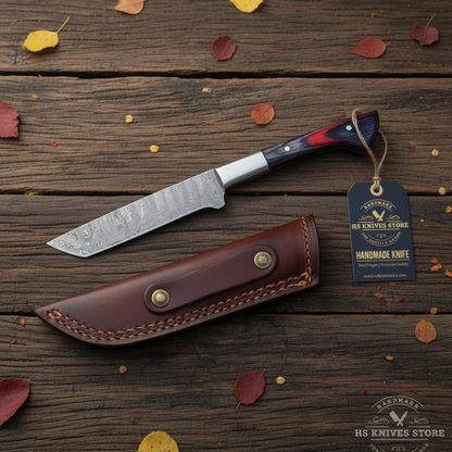 Damascus tanto cleaver knife flat lay with pakkawood handle hang tag and brown leather sheath on dark rustic wood with autumn leaves