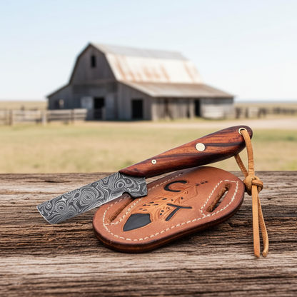 Left-side view of a fixed-blade Damascus Bull Cutter Knife with rose wood handle near a western barn