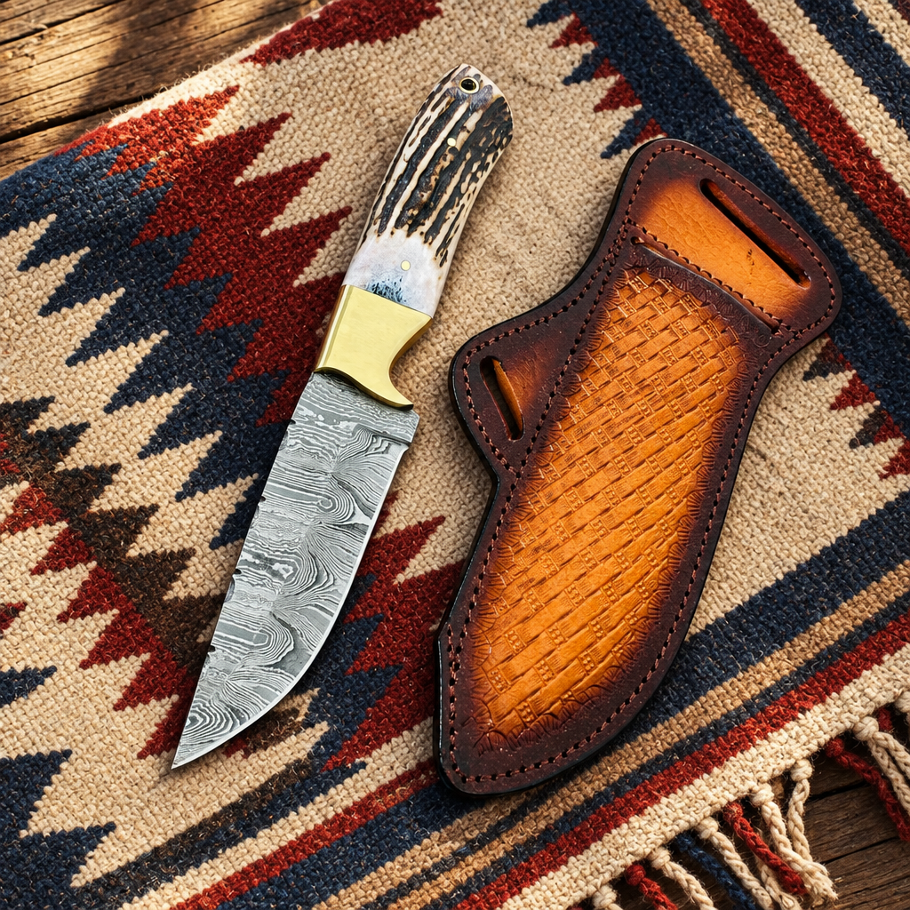 Top-down view of Cowboy Champion Damascus Knife and its matching leather sheath on a western blanket