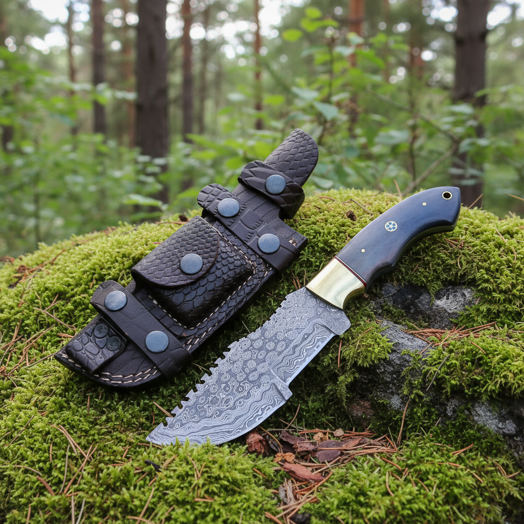 Damascus tracker knife blue bone handle brass bolster on mossy rocks outdoor forest hunting setting