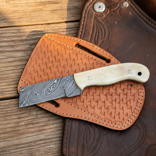 Custom Damascus steel cowboy bull cutter knife with bone handle and leather sheath