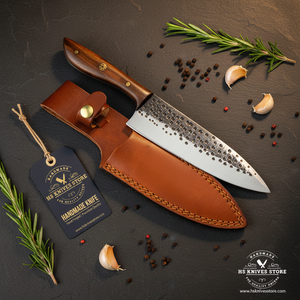 Carbon steel chef knife flat lay with walnut handle and HS Knives Store hang tag on dark slate with rosemary and garlic
