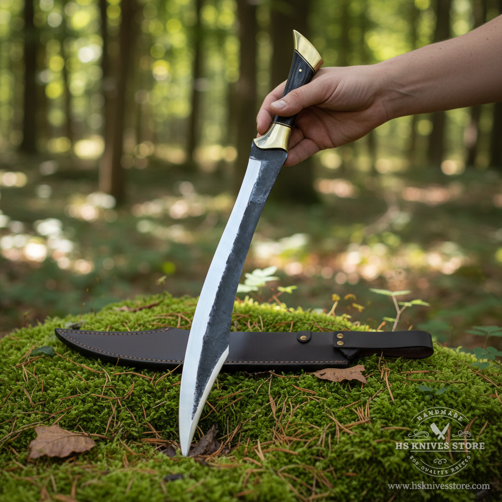 One-hand static forest presentation of a curved carbon steel Falcata collector blade with leather sheath
