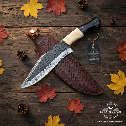 Carbon steel Bowie knife flat lay with bone horn handle and HS Knives Store hang tag on rustic wood with autumn leaves
