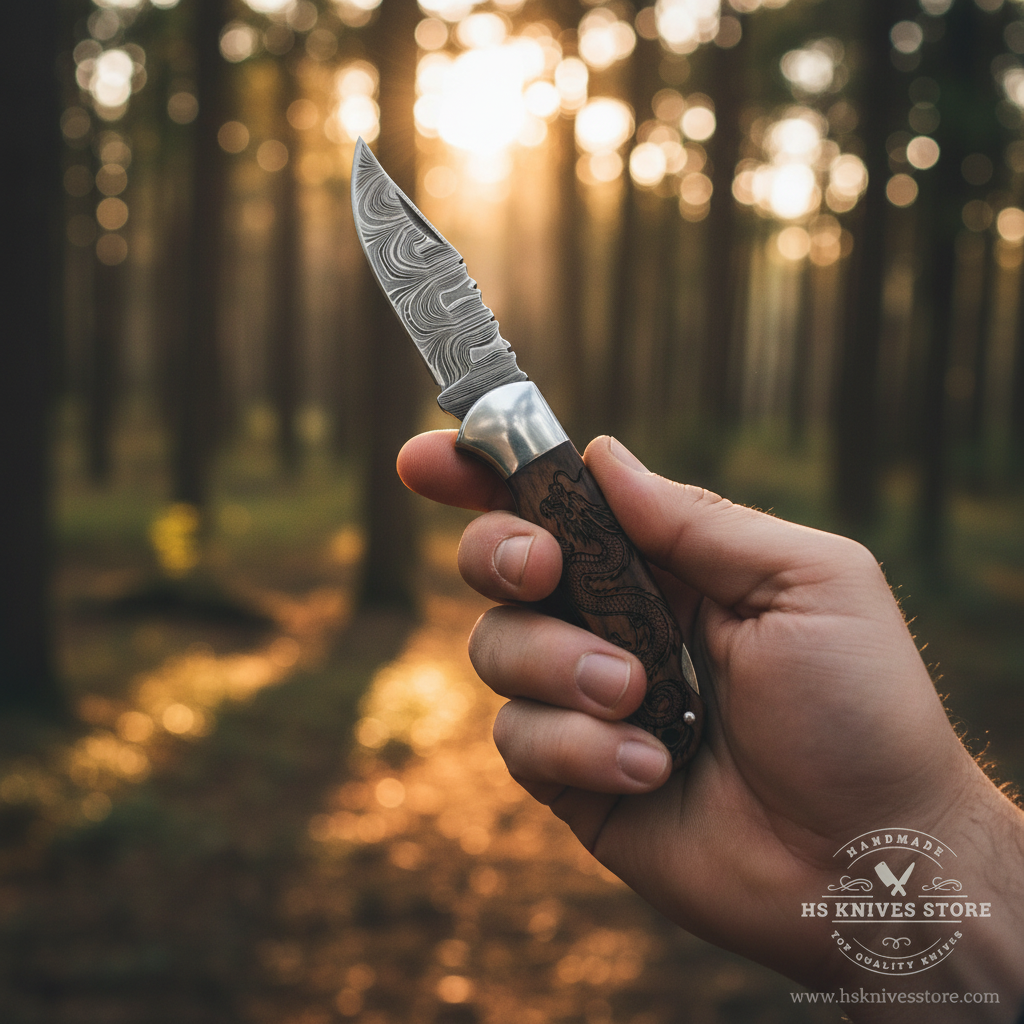Hand holding open Damascus steel folding pocket knife with dragon engraved rosewood handle in confident grip outdoor forest golden sunlight