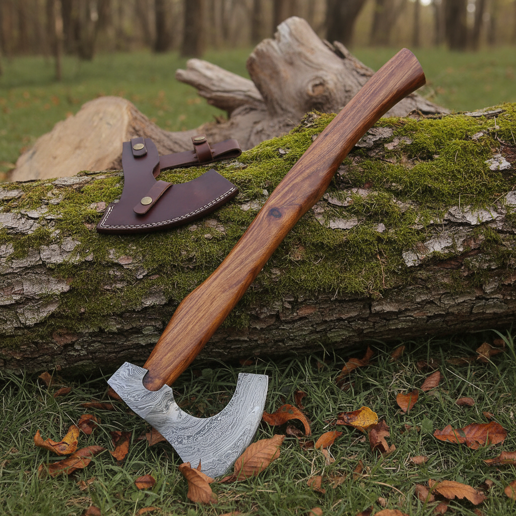 Damascus Viking bearded axe resting against mossy log in outdoor forest setting with green grass