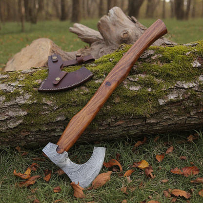 Damascus Viking bearded axe resting against mossy log in outdoor forest setting with green grass