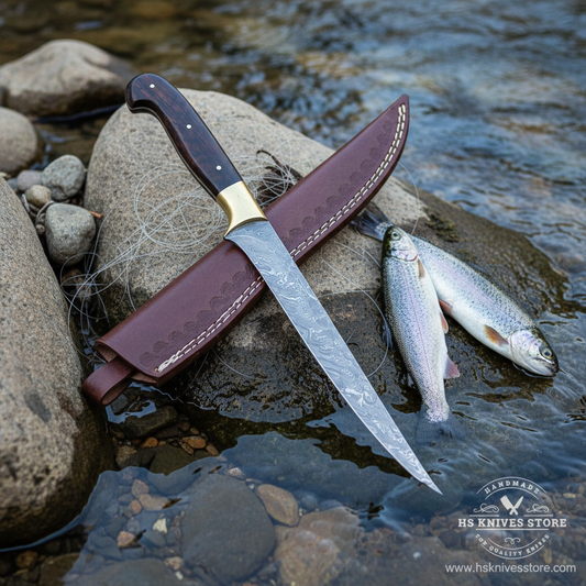 Damascus steel fillet knife rosewood handle and dark burgundy leather sheath resting on river rocks beside clear flowing stream with fresh caught fish