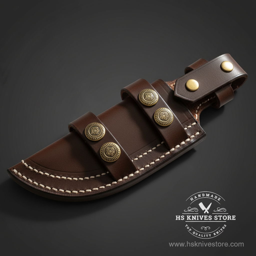 Close-up of dark brown leather knife sheath with 3 brass concho buttons and cream stitching and double belt loop