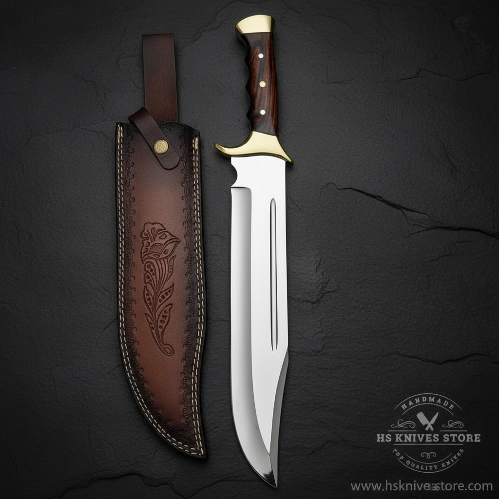 Vertical luxury shot of D2 steel Bowie knife dark rosewood handle on dark slate background with dark brown floral leather sheath