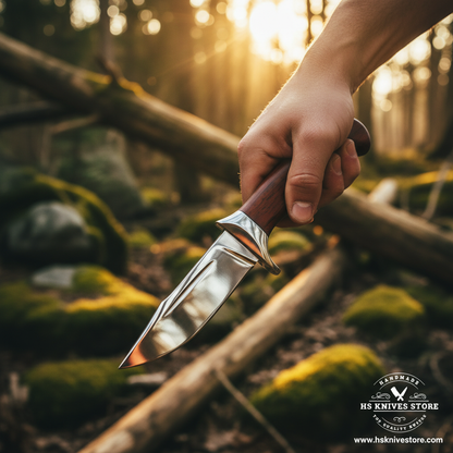 Hand gripping rosewood handle J2 steel skinner hunting knife with finger in choil groove in outdoor action shot