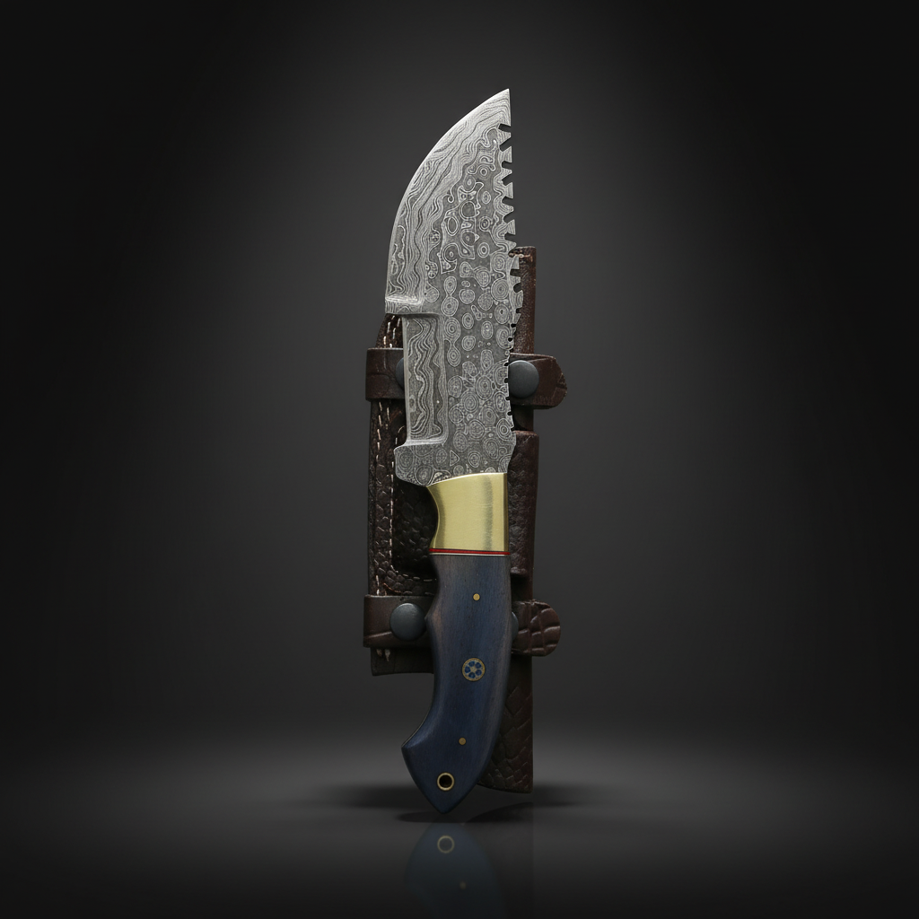 Damascus tracker knife vertical luxury shot on dark charcoal gray background blade pointing up blue bone handle