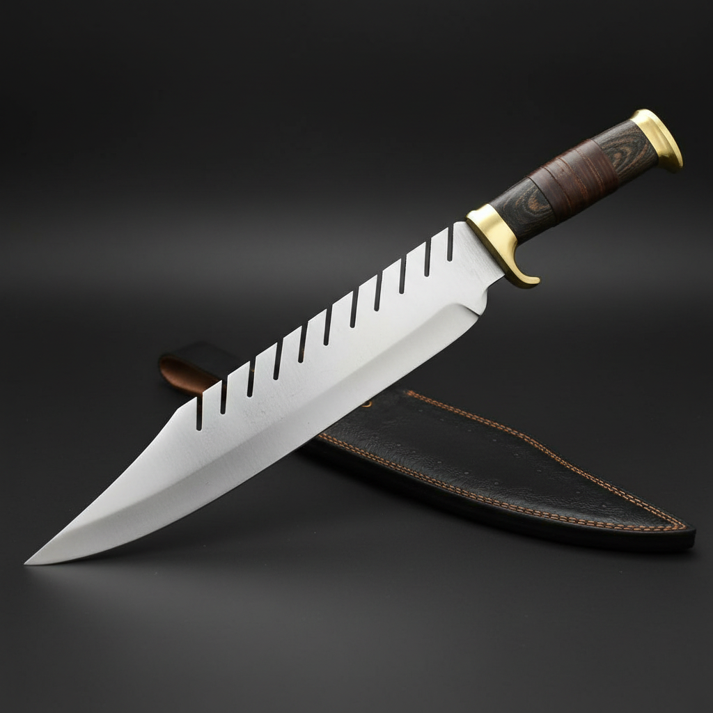 D2 steel Bowie knife hardwood leather handle brass guard dark charcoal gray studio mirror left facing
