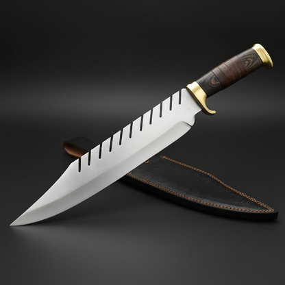 D2 steel Bowie knife hardwood leather handle brass guard dark charcoal gray studio mirror left facing