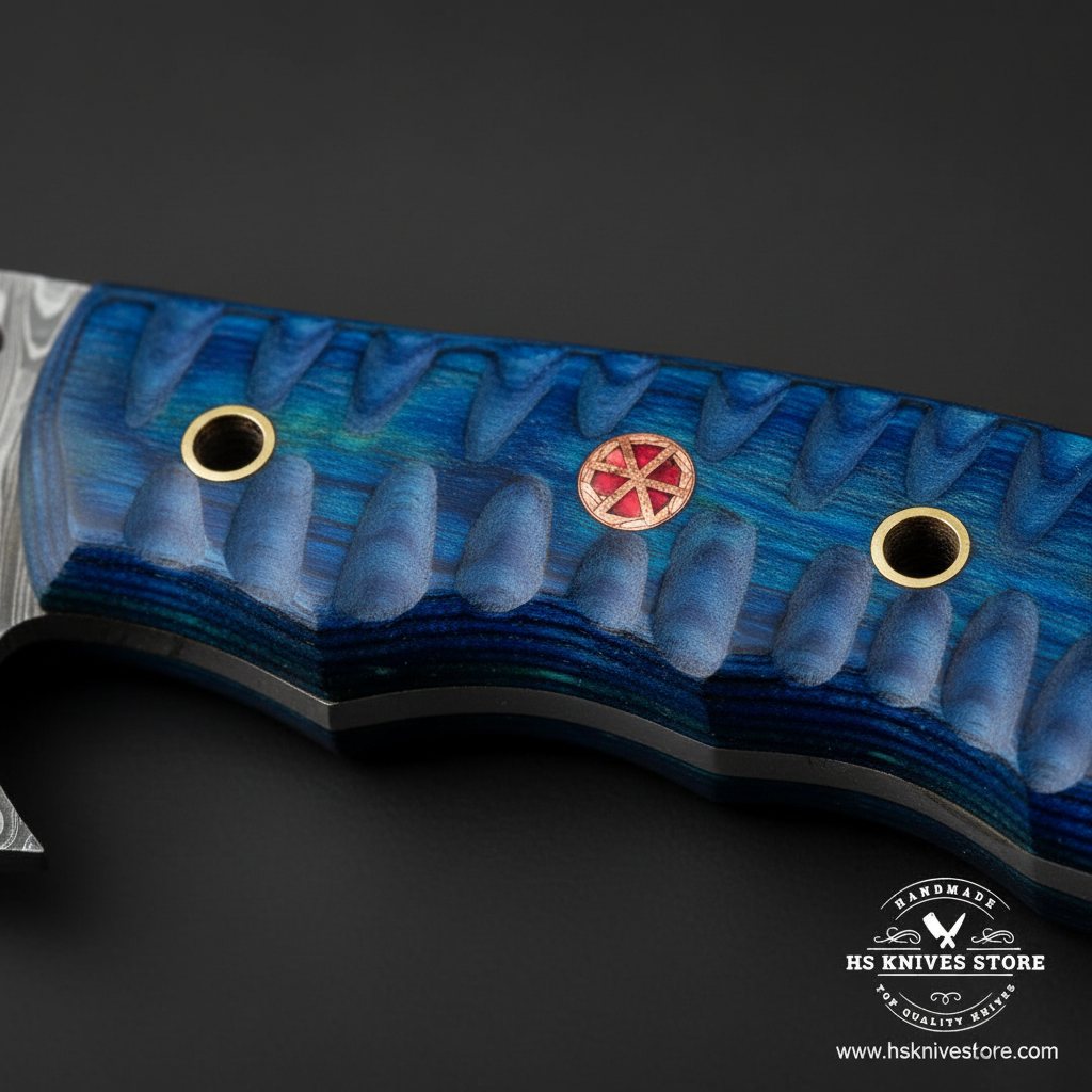 Macro close-up of deep royal blue pakkawood handle with textured grain 3 steel pins and red copper mosaic medallion on Damascus tracker knife