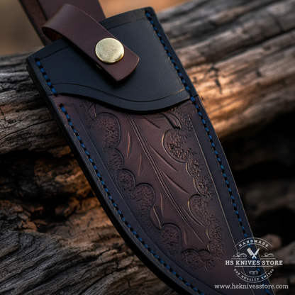 Close-up macro of dark brown leather sheath with large floral botanical embossed tooling pattern and dark navy overlay and brass snap belt loop