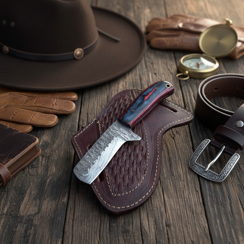 Handmade Damascus cowboy knife with Pakka wood handle in a premium western gift display