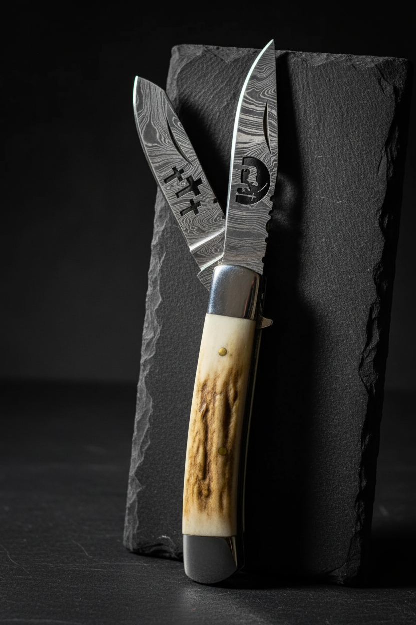 Damascus double blade folding knife with stag handle vertical display on dark slate both blades partially open luxury collector photography