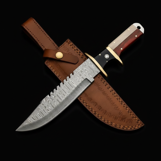 Damascus Bowie knife rosewood bone handle mirror view black background studio shot