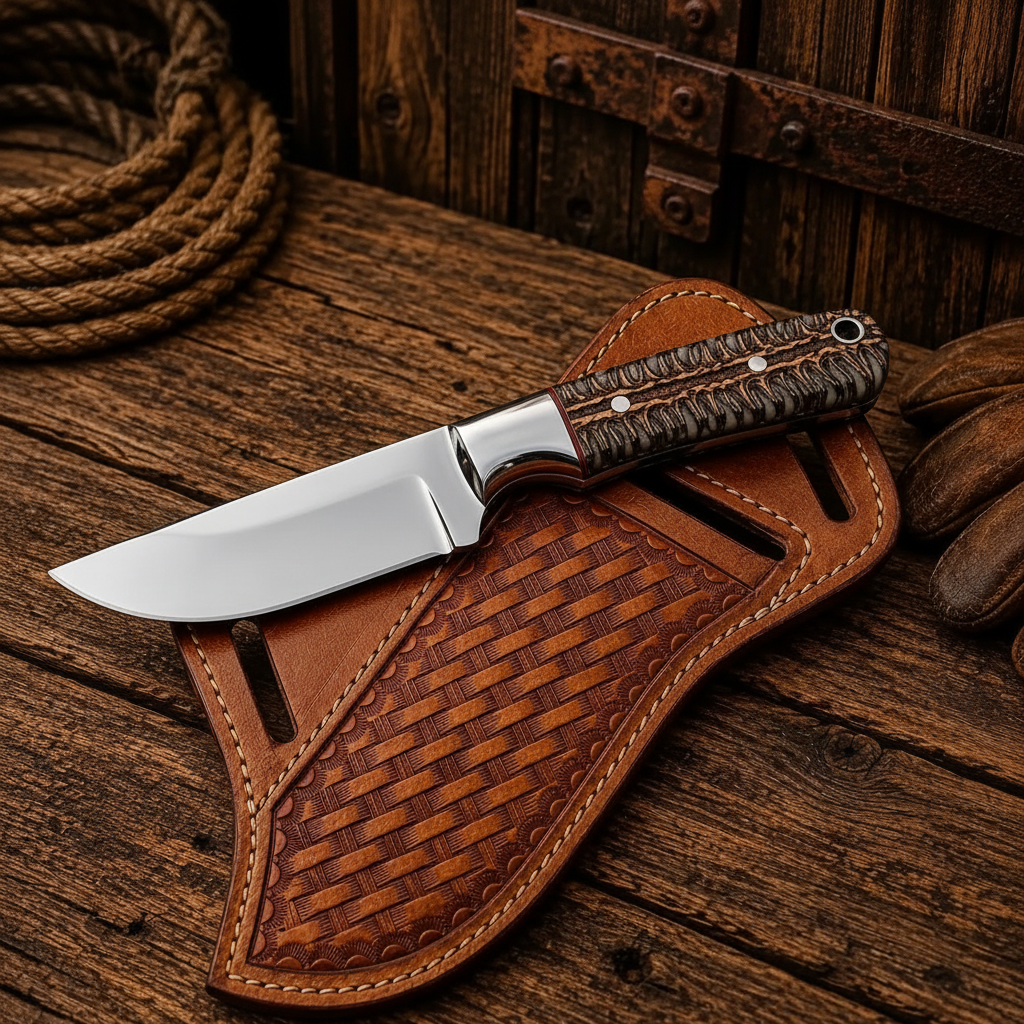 Handmade skinner knife braided cord handle steel bolster black studio shot mirror left facing