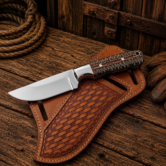 Handmade skinner knife braided cord handle steel bolster black studio shot mirror left facing