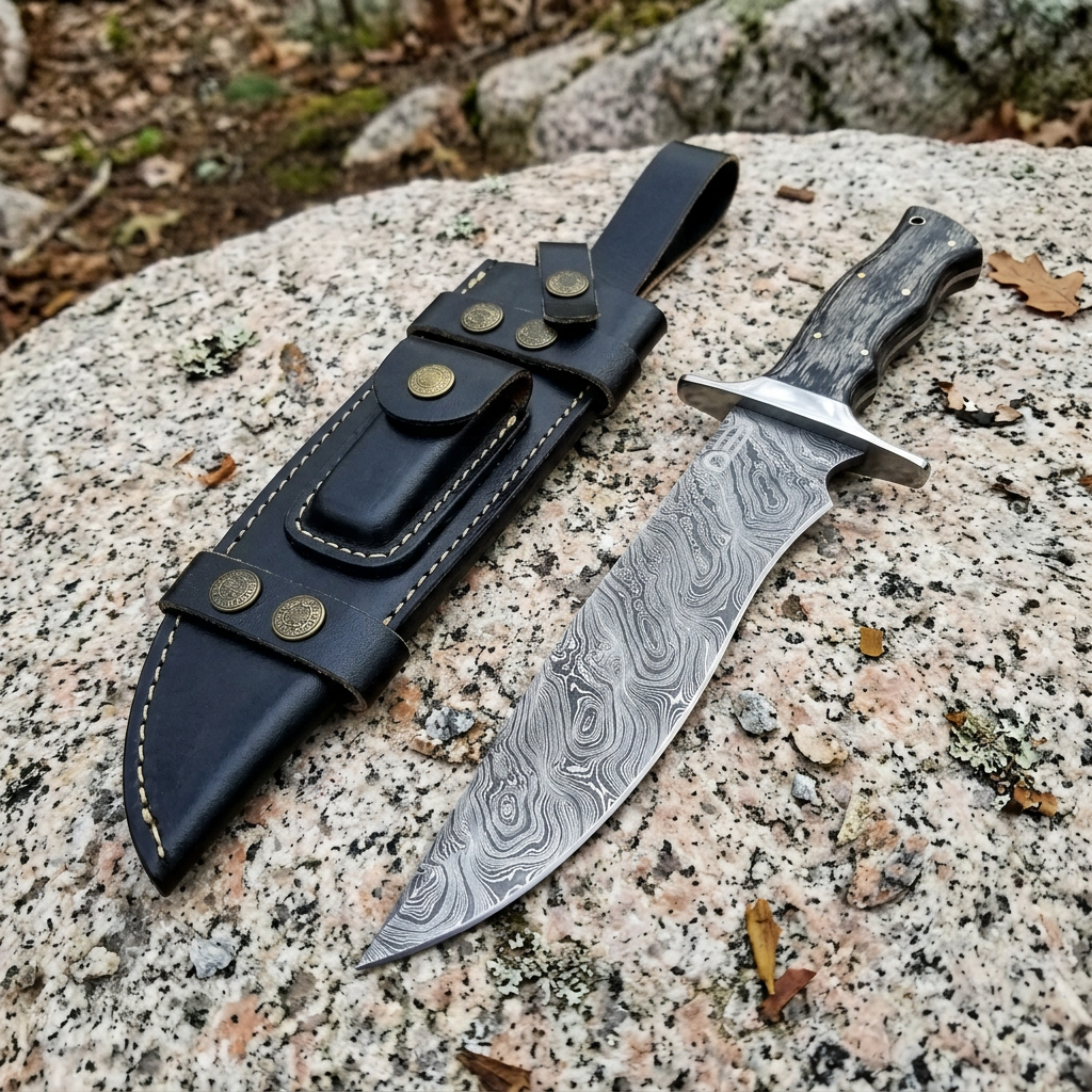 Left-angle outdoor display of wood-handle Damascus Bowie