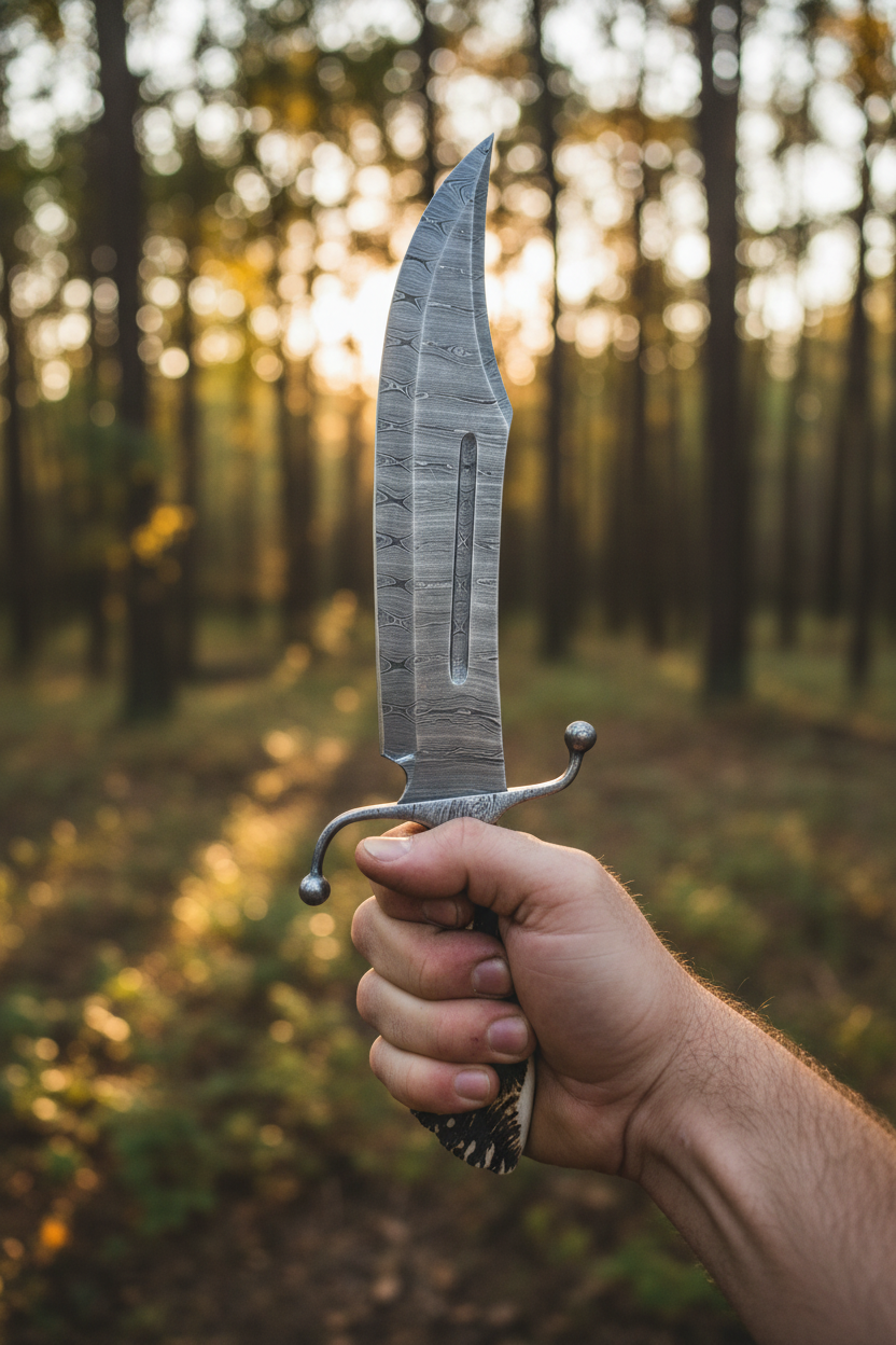 Hunter hand gripping Damascus steel Bowie knife with stag crown handle outdoors golden hour light lifestyle action shot