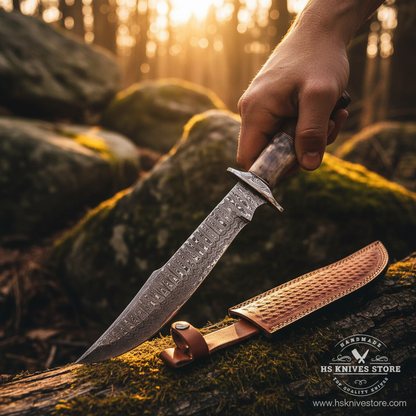 Hunter hand gripping colored bone rosewood handle Damascus Bowie knife in confident outdoor pose forest golden sunlight with basket weave leather sheath on log