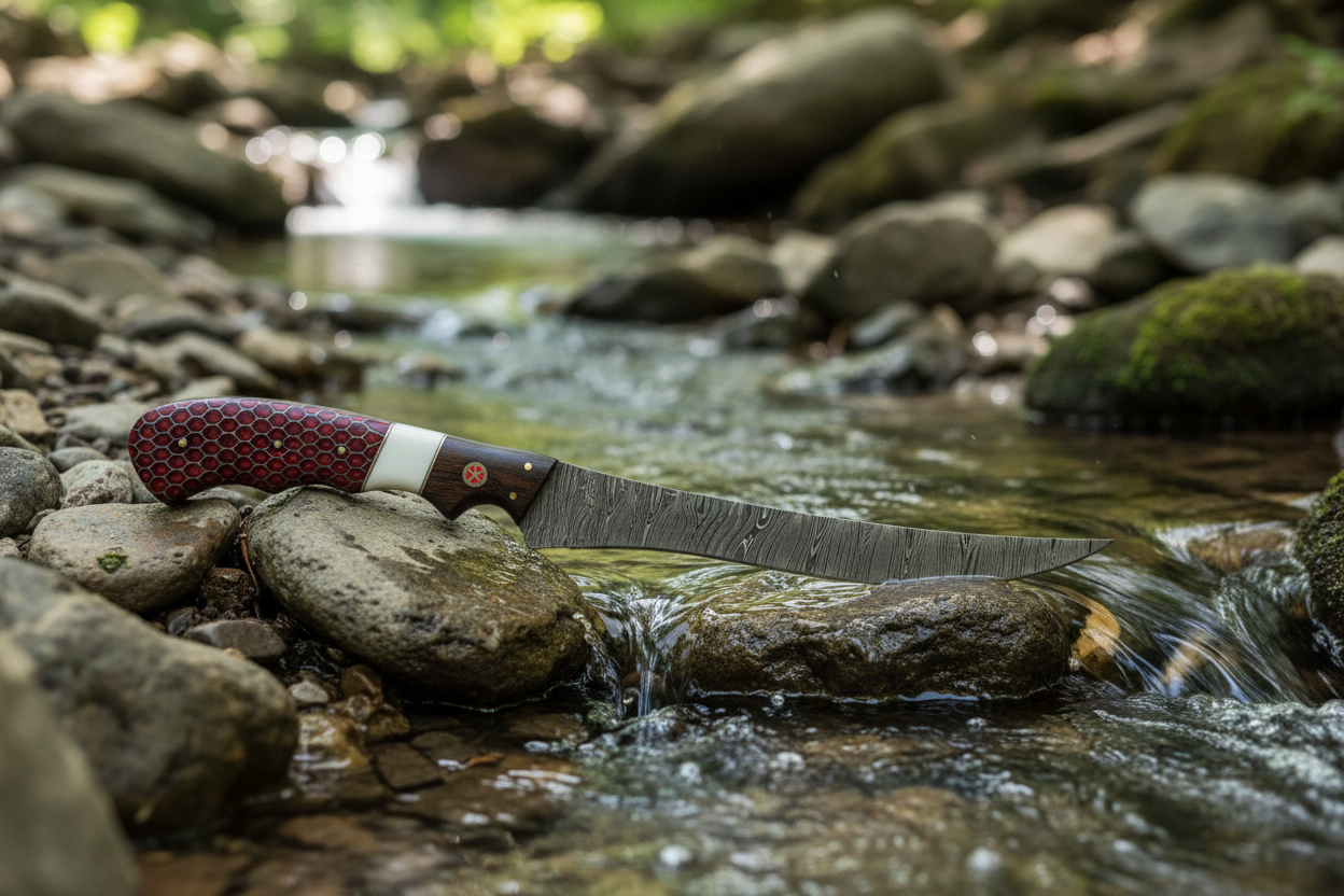 Damascus steel fillet knife with red honeycomb handle lying on river rocks beside flowing water outdoor fishing photography