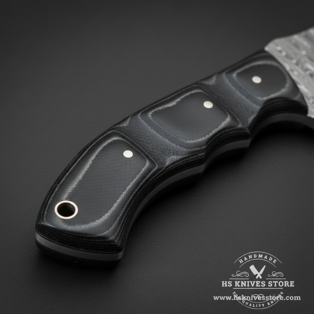 Macro view of black Micarta handle with gray liner, two silver pins and lanyard hole on Damascus tracker knife