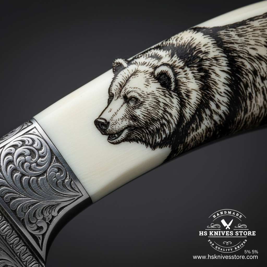 Macro close-up of white resin knife handle with hand-engraved bear portrait and large engraved D2 steel bolster detail