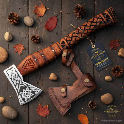 Handmade Viking axe Celtic knot etched head carved rosewood handle flat lay on dark rustic wood with HS Knives Store hang tag attached