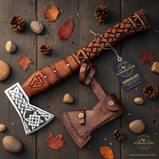 Handmade Viking axe Celtic knot etched head carved rosewood handle flat lay on dark rustic wood with HS Knives Store hang tag attached