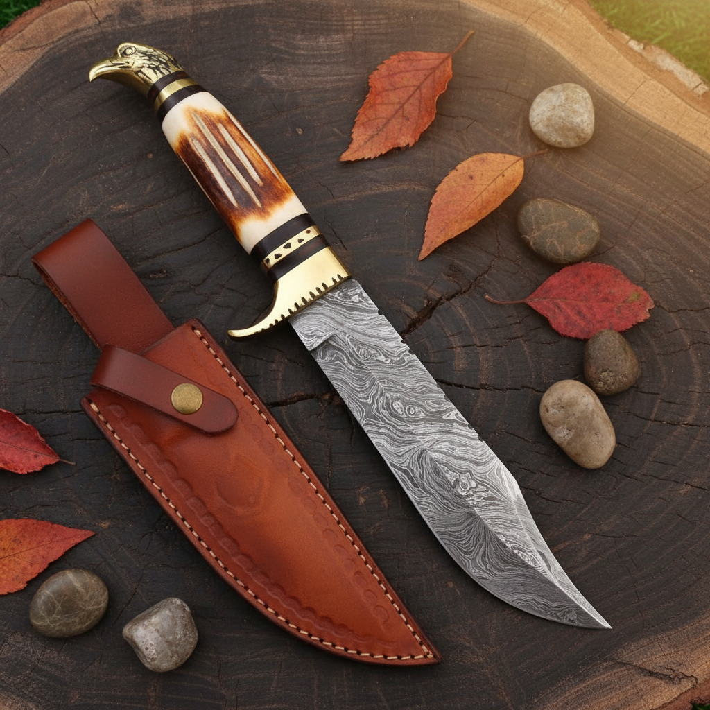 Handmade Damascus Bowie knife flat lay on rustic wood surface with brown leather sheath