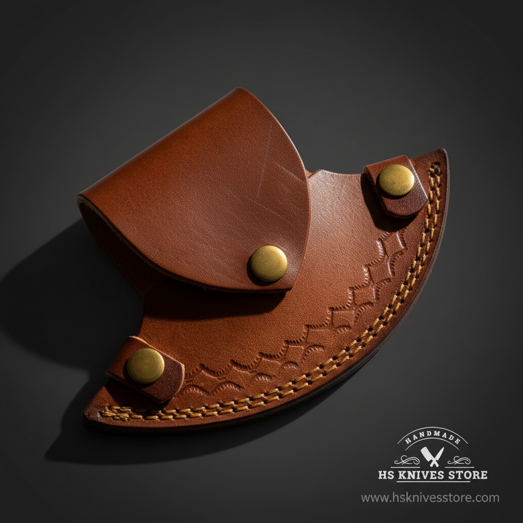 Close-up of tan medium brown crescent leather ulu knife sheath with embossed wave pattern and three brass snap buttons macro detail
