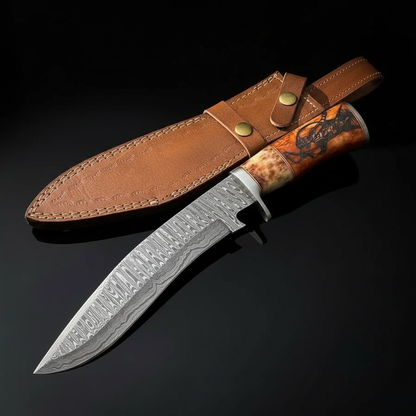 Hand forged Damascus Bowie knife with colored bone handle and steel bolster on black studio background right facing