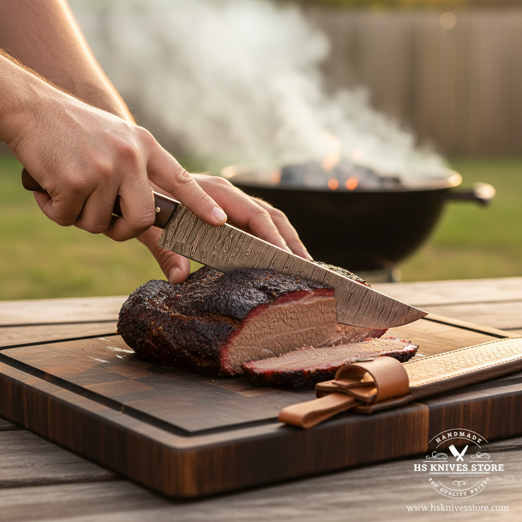 Natural rosewood Damascus slicer cutting smoked brisket on a rustic outdoor BBQ table