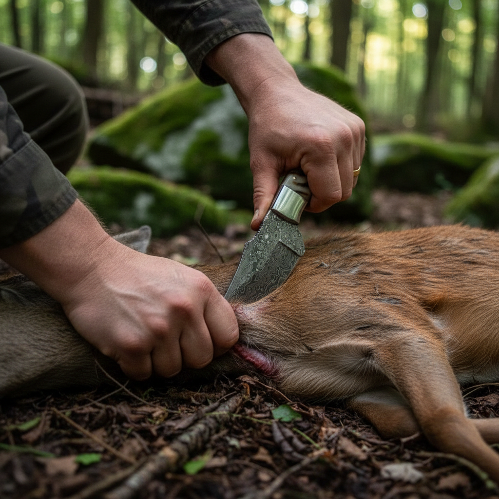 Hunter hands holding Damascus skinner knife in outdoor field setting