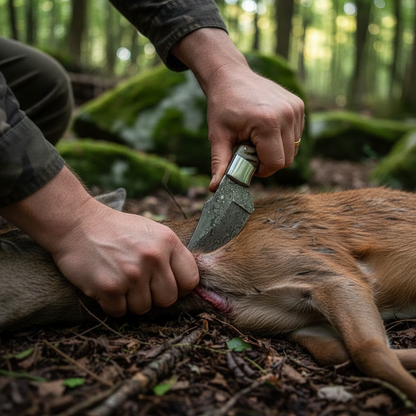 Hunter hands holding Damascus skinner knife in outdoor field setting