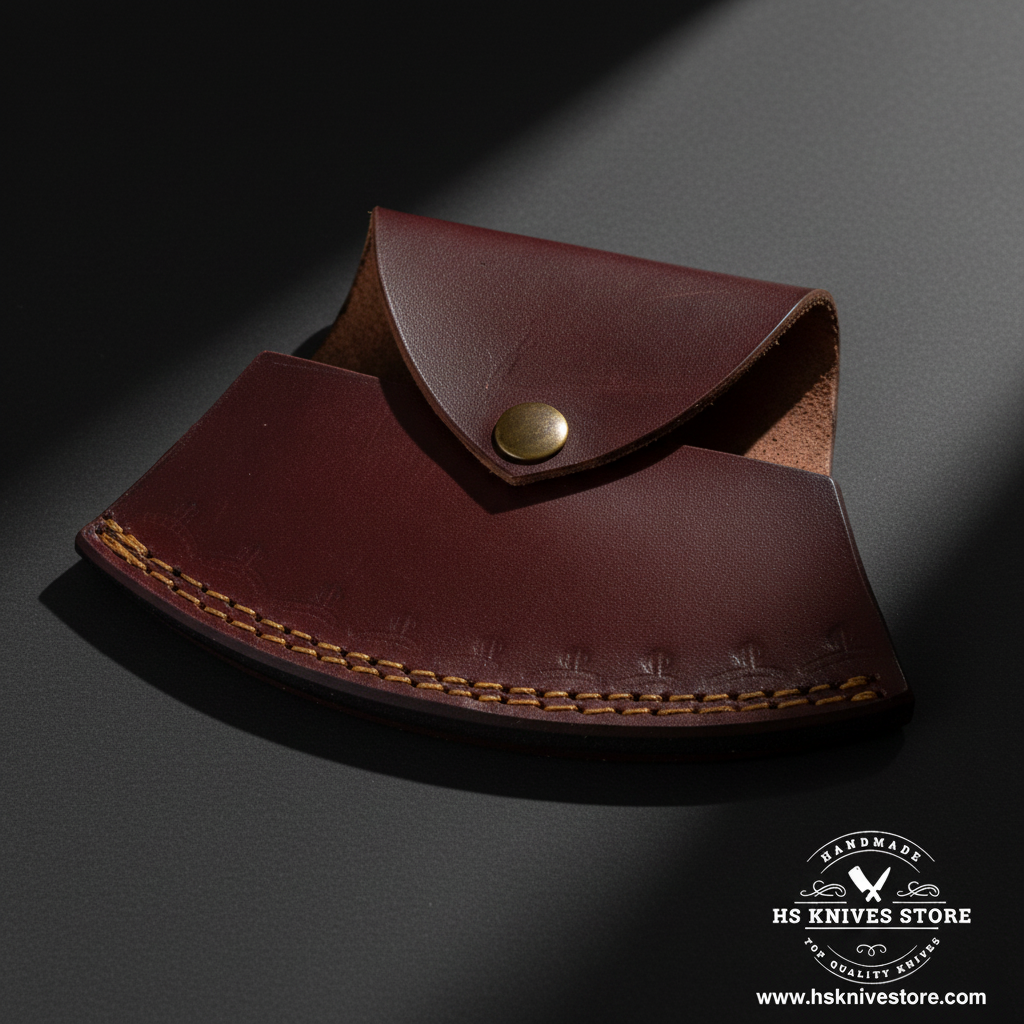 Close-up of dark burgundy wine red crescent leather ulu knife sheath with plain smooth surface and brass snap button macro detail