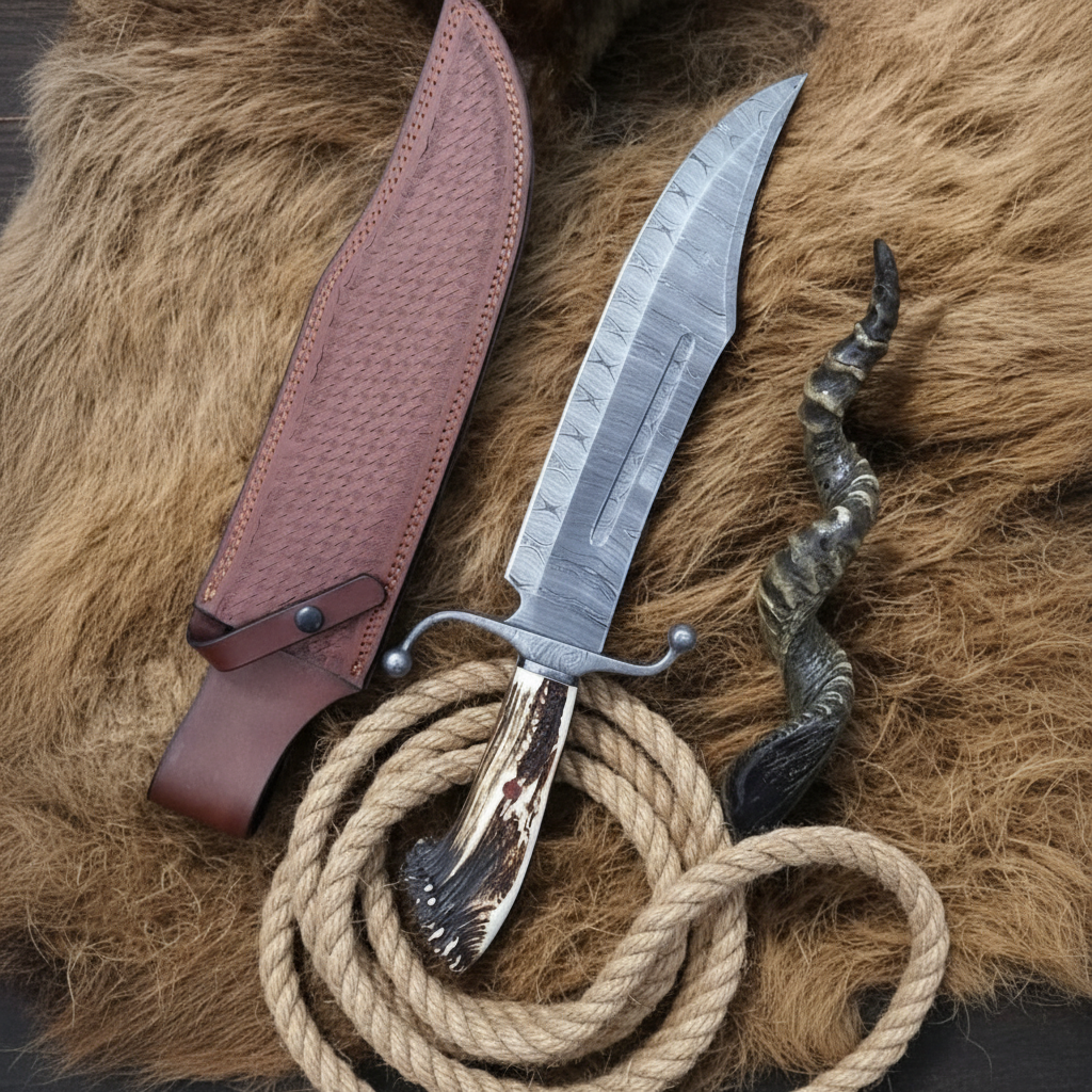 Overhead flat lay top-down view Damascus Bowie knife with stag crown handle embossed leather sheath and animal fur accessories