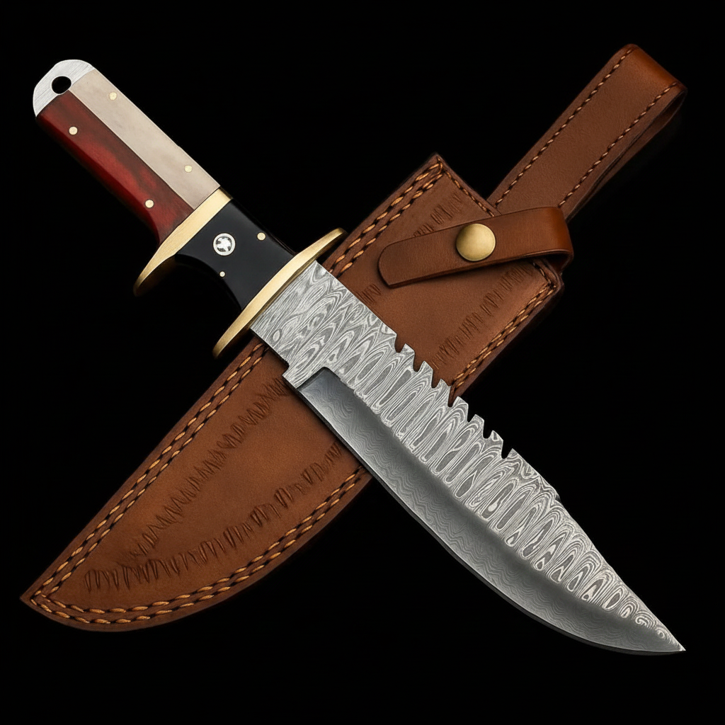 Handmade Damascus Bowie knife rosewood bone handle brass guard black studio shot