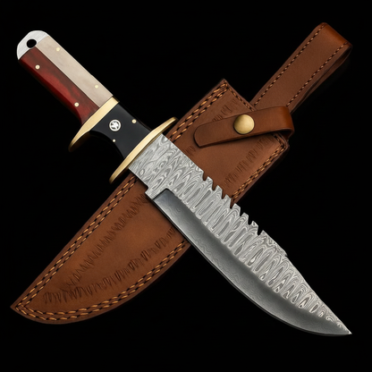 Handmade Damascus Bowie knife rosewood bone handle brass guard black studio shot