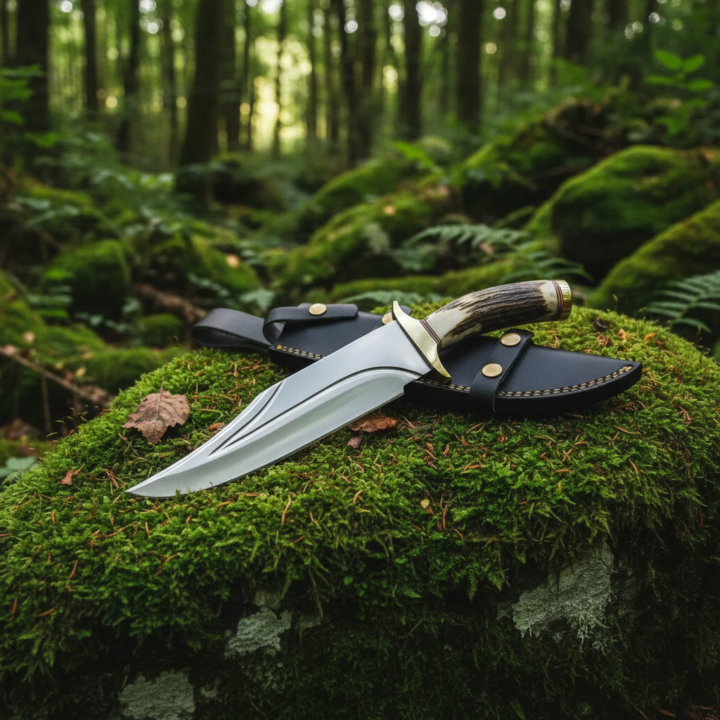 Handmade D2 steel Bowie knife stag antler handle resting on mossy forest rocks outdoor setting