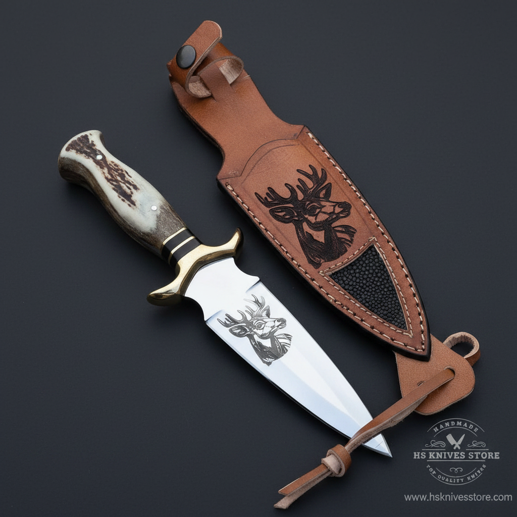 D2 steel dagger knife with stag antler handle and deer tooled leather sheath on dark charcoal studio background right facing