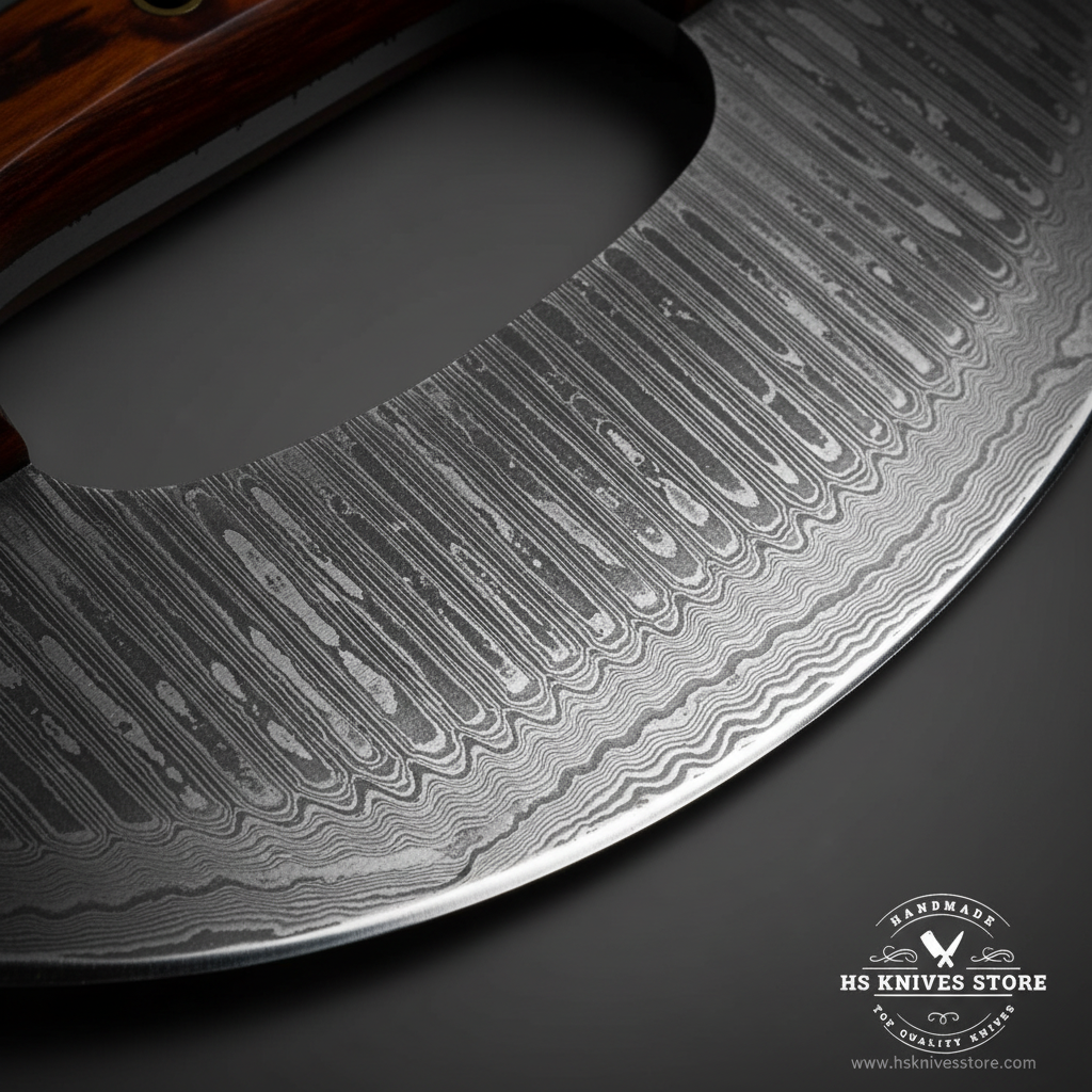 Close-up macro of Damascus steel ulu knife blade showing bold vertical ladder Damascus pattern and polished curved cutting edge