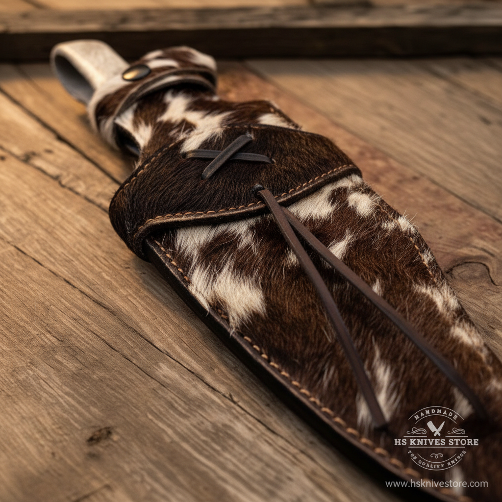 Close-up macro of real cowhide fur sheath with brown and white natural cow hair pattern and leather X-lace tie and dark snap button
